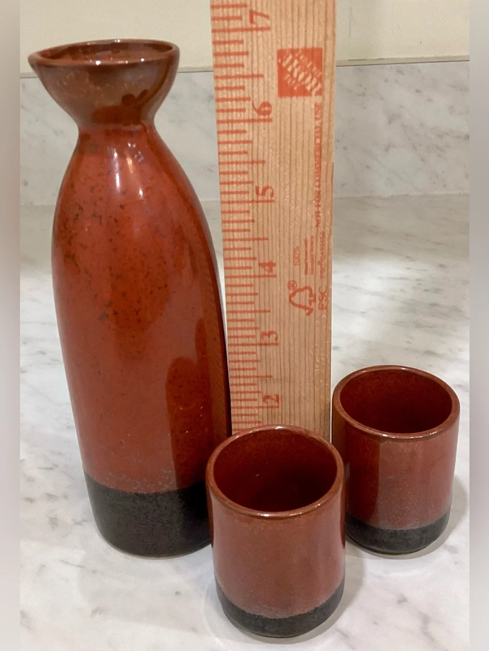 Vintage Japanese Ceramic Sake Set Red Speckled Glaze Tokkuri Bottle 2 Cups MCM